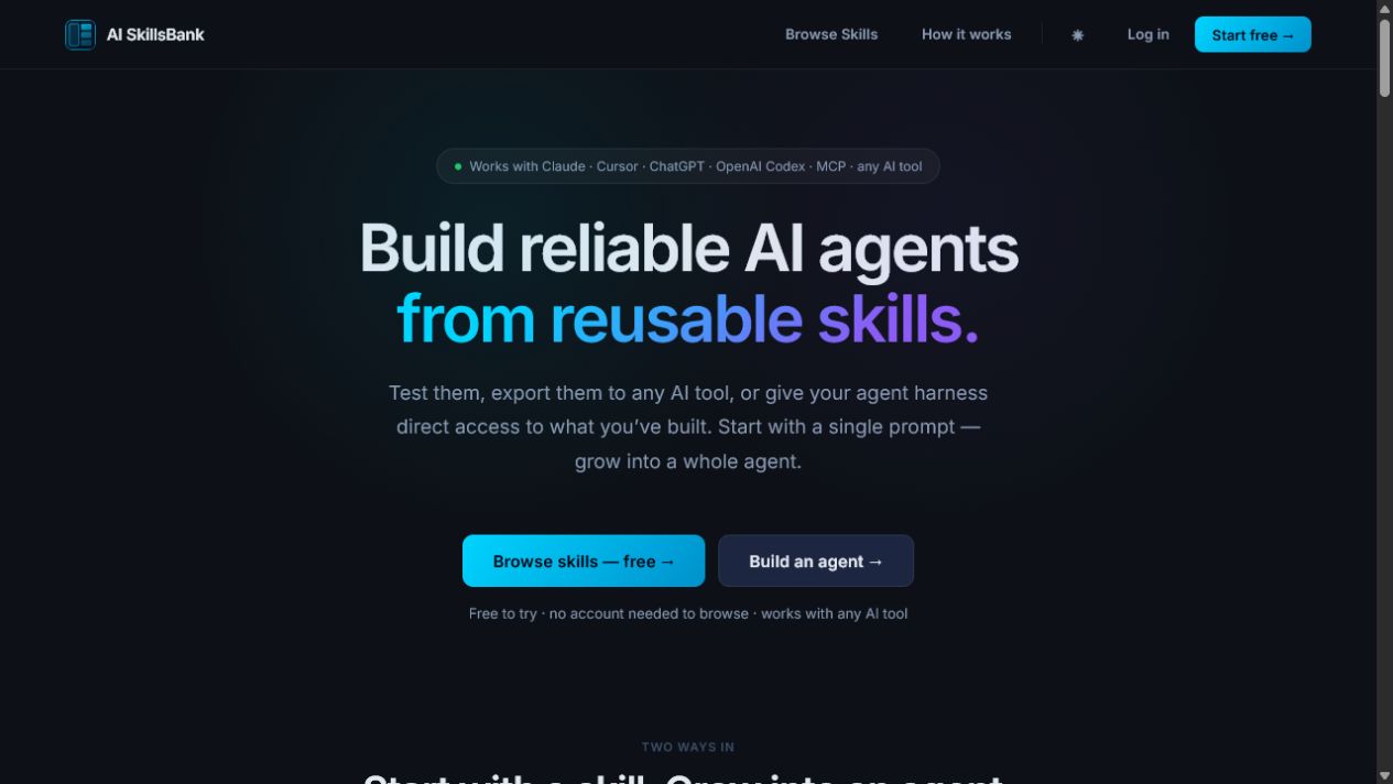 The AI SkillsBank homepage showing its reusable skills and agent-building experience.