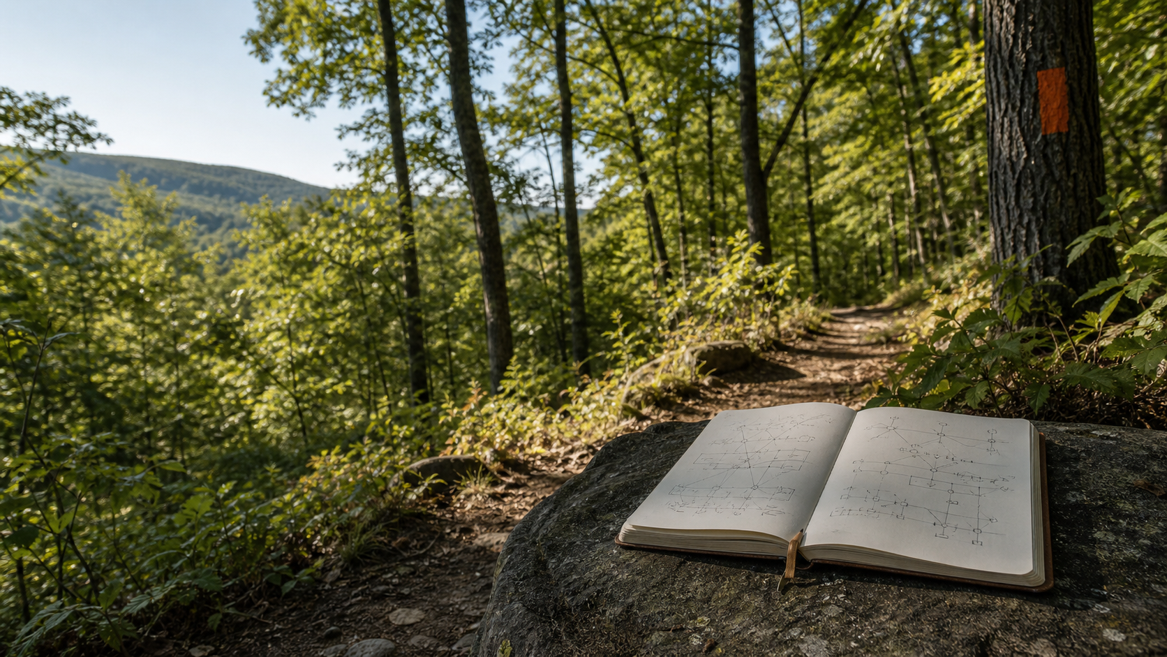 An open field notebook filled with system sketches beside a woodland trail.